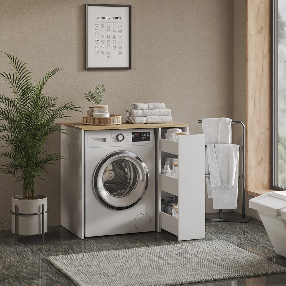 Mobile lavatrice Viktor Bianco/Rovere artigianale 93.6 x 88.2 cm con 3 scomparti Vicco
