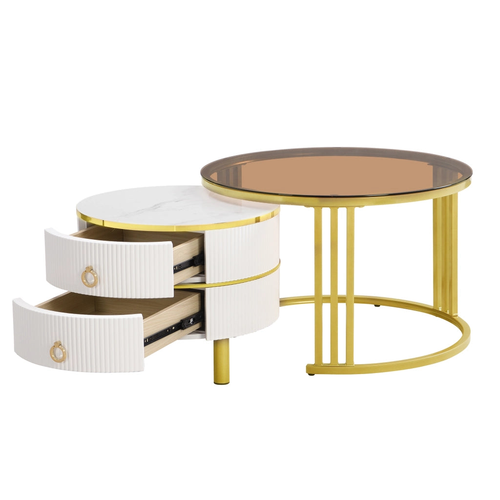 Tavolino da caffè set di 2; 70x70x45 cm e 50x50x40 cm; design rotondo con 2 cassetti; vetro e MDF bianco