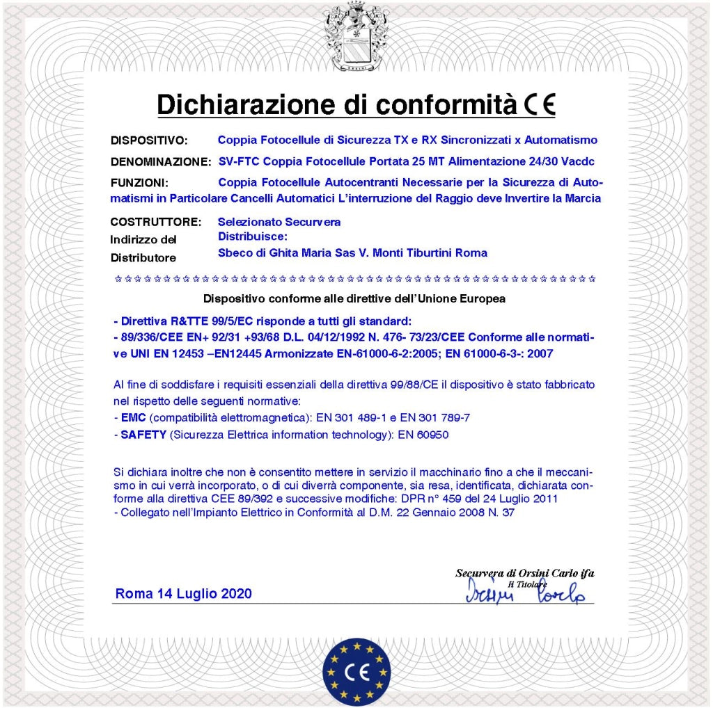 Coppia Fotocellula Atmosfera Sicurezza Cancello Elettrico Controllo Passaggio Portata 25 Metri Lineari Montaggio a Parete o Palina Alimentazione 24/30 Vac