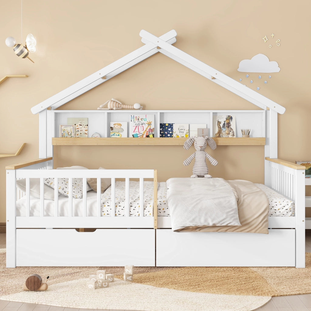 Letto Casetta 140 x 200 cm; Letto Matrimoniale - Sponde; 2 Cassetti - Bianco e Naturale