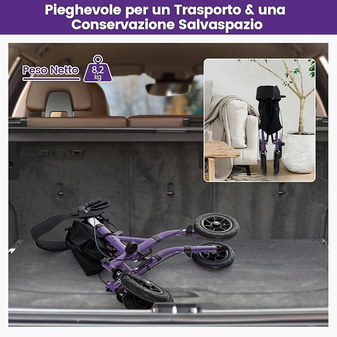 Deambulatore con Seduta 2 in 1, Rollator Pieghevole per Anziani con 4 Ruote, Maniglie Regolabili in Altezza 81-94cm, Portaombrelloni e Borsa Portaoggetti, Carico Massimo 160 kg (Viola)