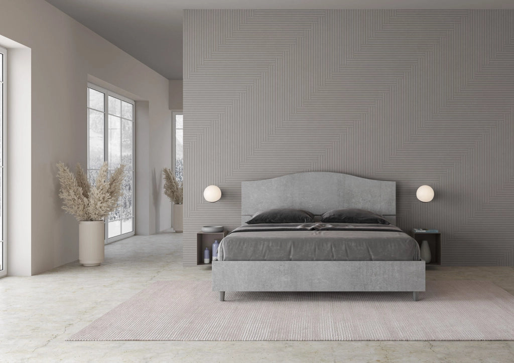 Letto Matrimoniale 160x200 cm con Rete e Contenitore Alzata Comoda Testata Sagomata Dores Cemento