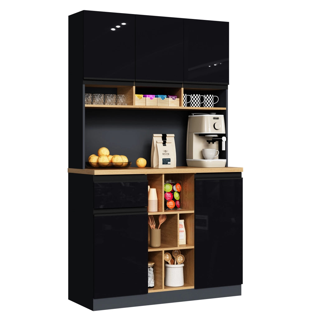Credenza da Cucina con Ante; Cassetto; Ripiani Regolabili e Vani Aperti in MDF 105x45x185 cm Nero e Naturale