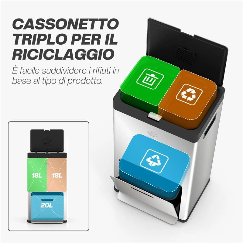 BIDONE IMMONDIZIA A 3 SEZIONI DA 56L CON SUPPORTO PER DEODORANTE IN ACCIAIO E POLIPROPILENE 45.7X35.8X76 CM ARGENTO