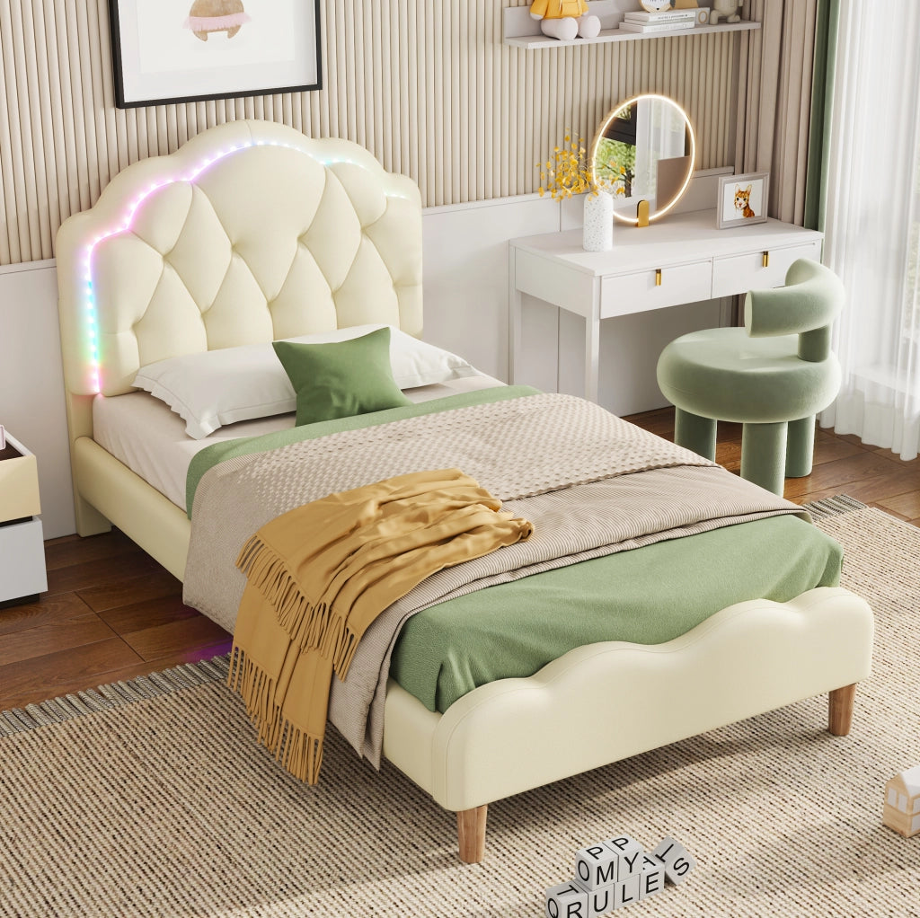 Letto imbottito 90x200 cm con testiera ondulata e LED multicolore in PU beige