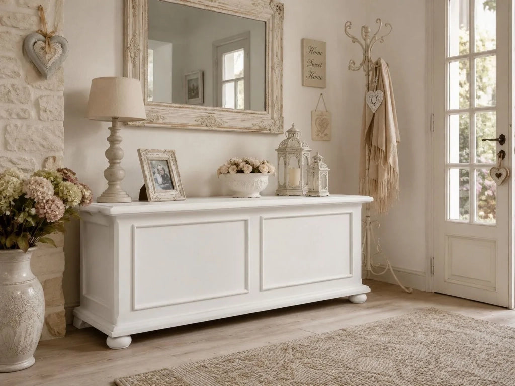 Cassapanca in legno bianco anticato shabby 120x42x50 - Mobili 2G