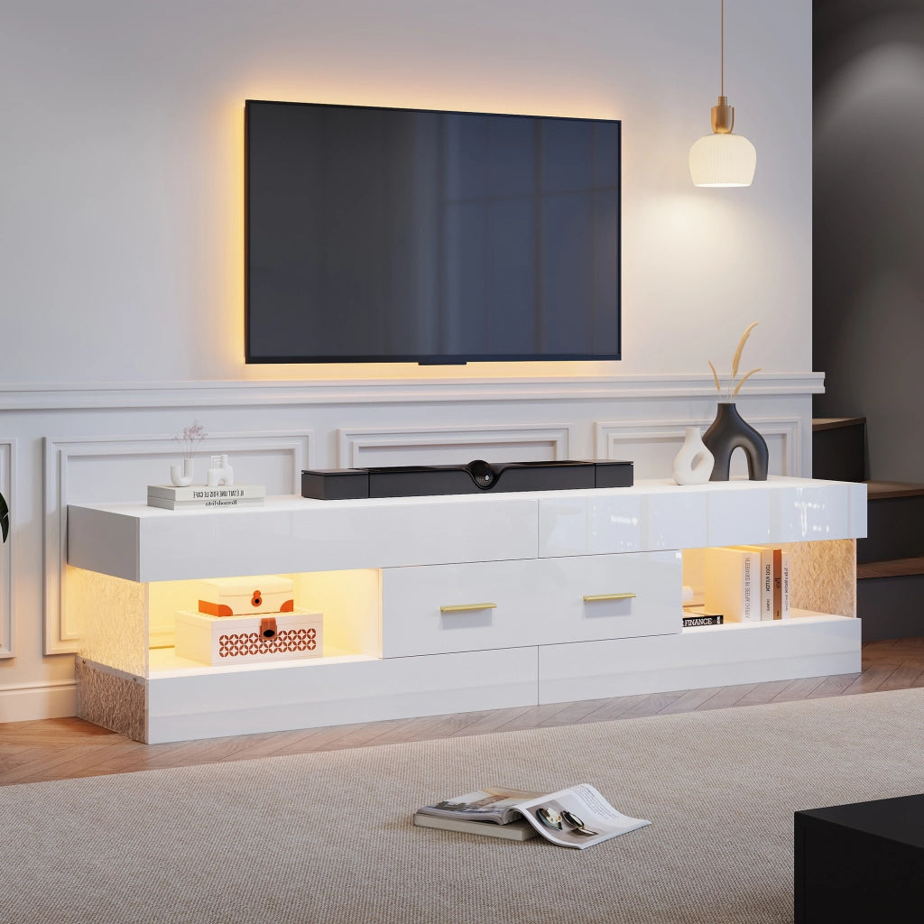 Mobile porta TV con LED, 2 cassetti e 4 vani aperti, in truciolare bianco lucido, per soggiorno, 152 × 35 × 40 cm