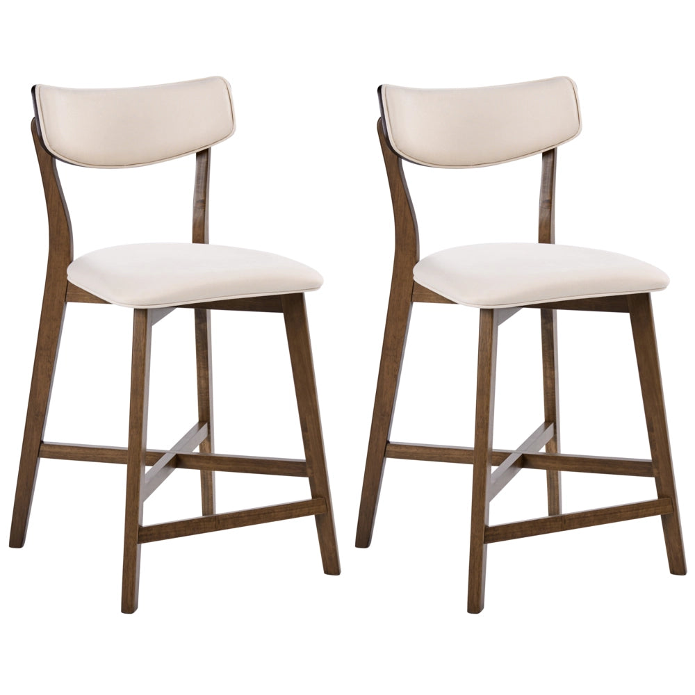 Set di 2 sedie da bar con struttura in legno di gomma marrone e bianco sporco seduta in tessuto senza braccioli design retrò
