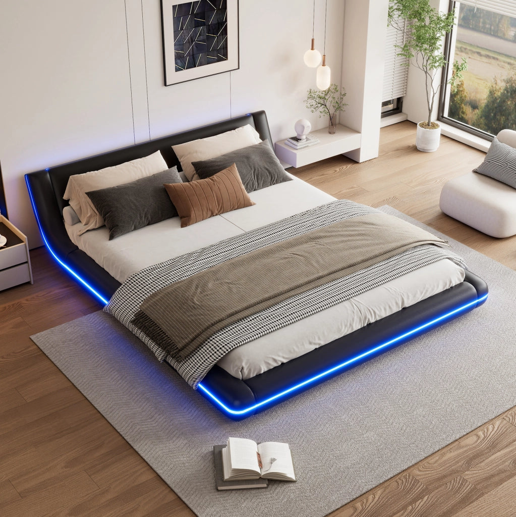 Letto a pavimento 160x200 cm in PU nero con LED