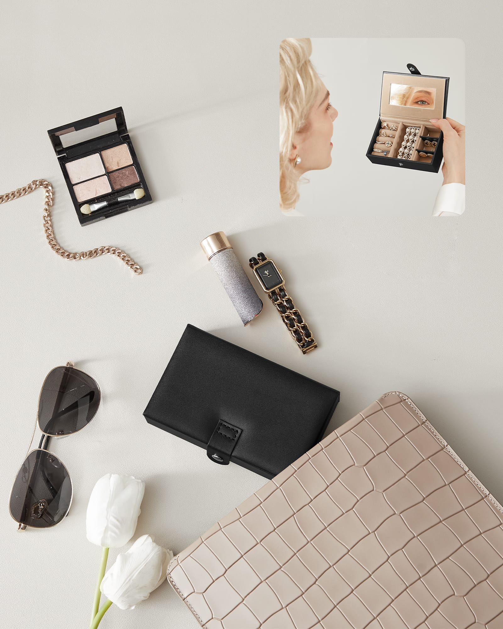 Valora PORTAGIOIE in velluto nero con specchio e cassetti