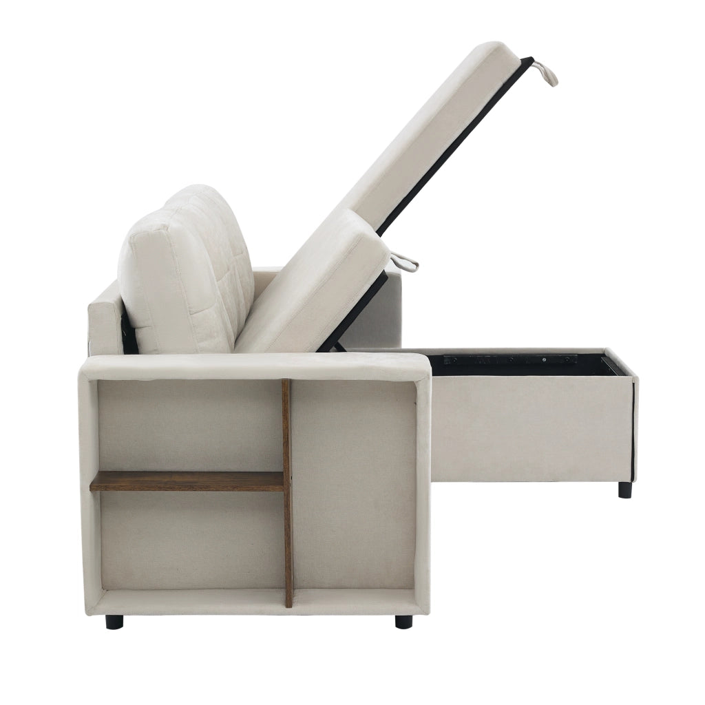 Divano ad angolo con contenitore e chaise longue reversibile in chenille beige per soggiorno 202 × 136 × 85 cm