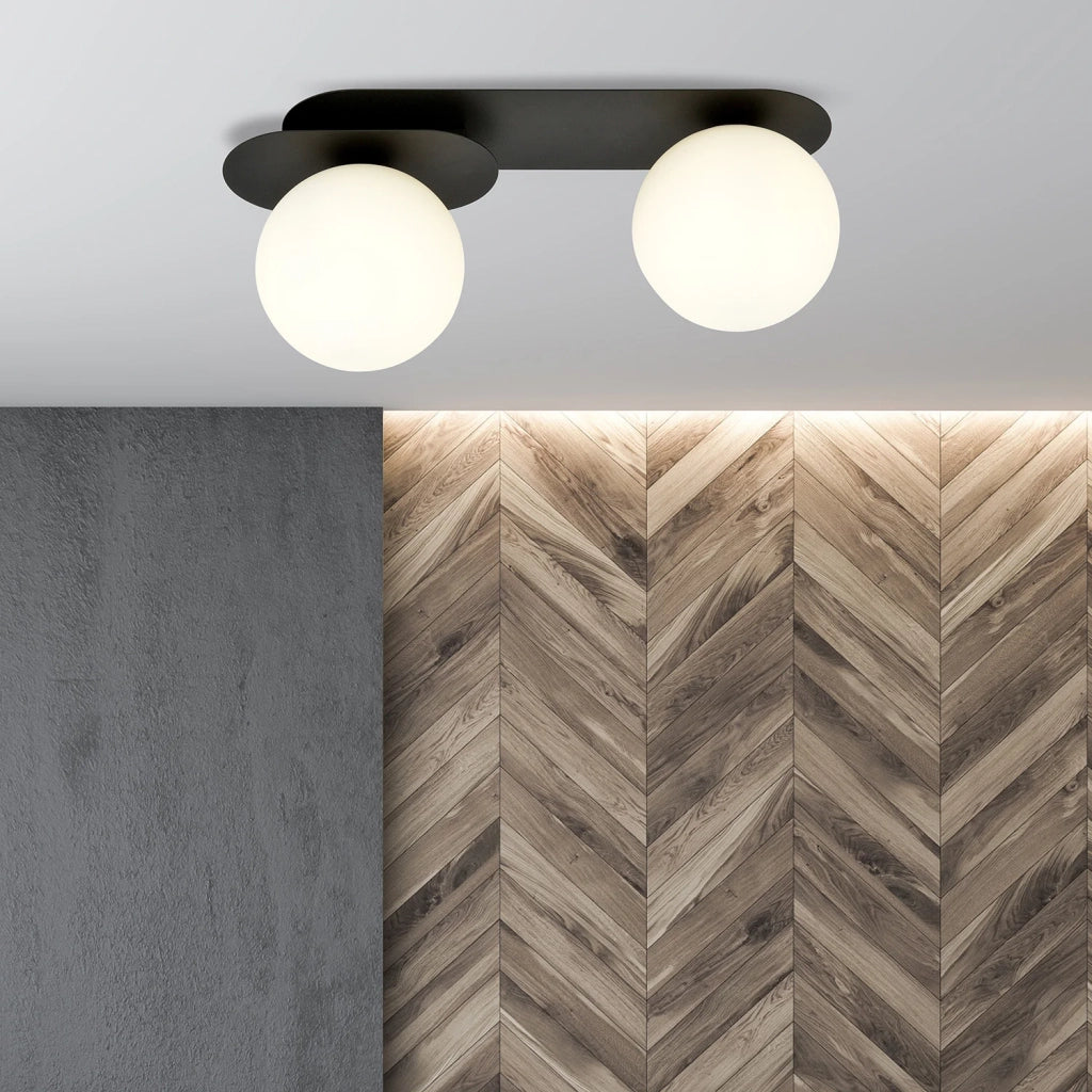 Plafoniera Minimal 2 Luci Teia In Acciaio Nero E Sfere Vetro Opale