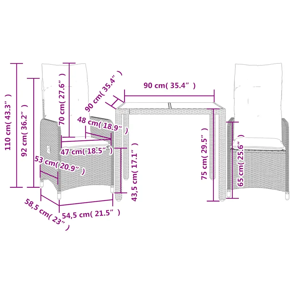Set BistrÃ² da Giardino 3 pz con Cuscini in Polyrattan Marrone