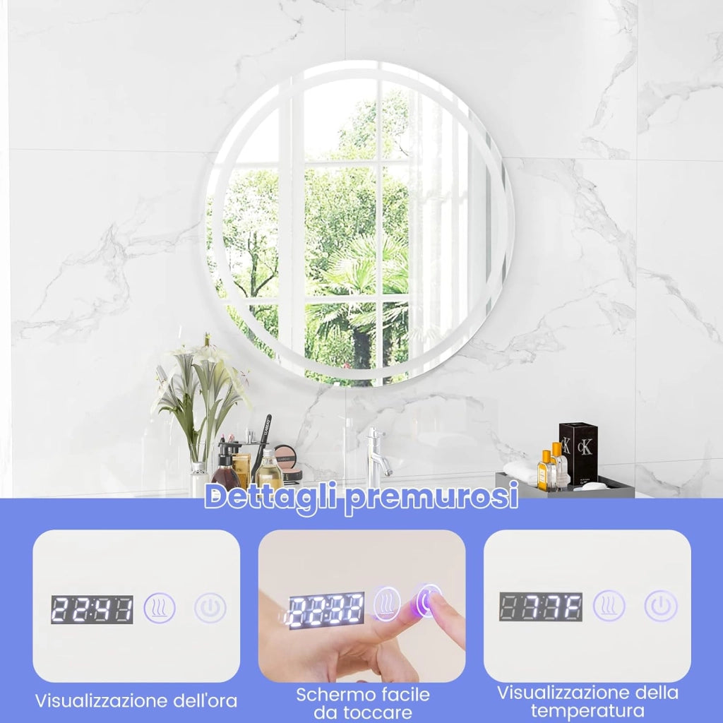 Specchio da Bagno Rotondo/Quadrato a LED, Specchio da Trucco da Parete Impermeabile con 3 Colori, 58/72 Luci, Schermo Tattile, Ideale per Bagno Soggiorno Camera da Letto (Rotondo)