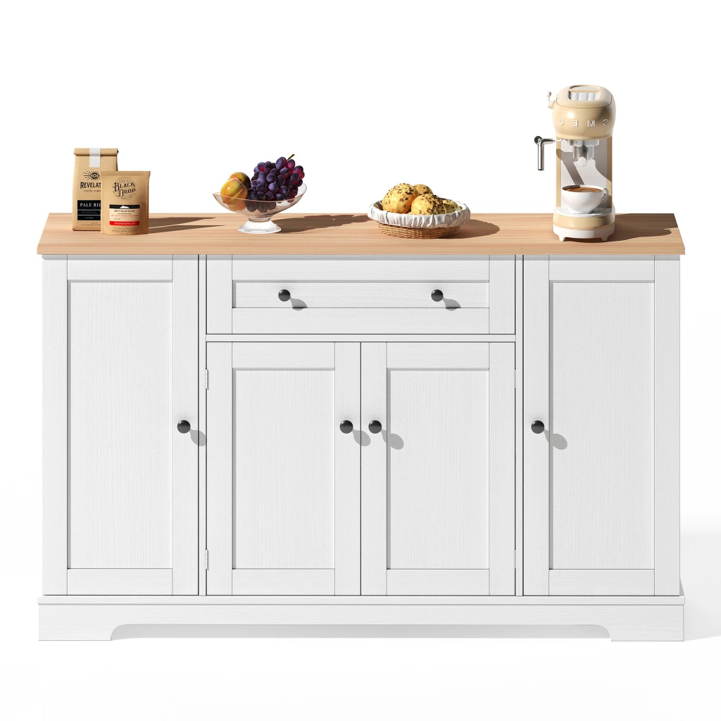 Credenza 138x40x85 cm Bianca e Legno Naturale con Cassetto; Armadietti; Ripiani Regolabili e Portaoggetti