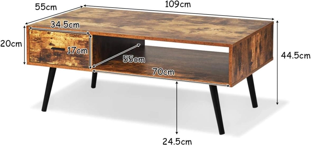 Tavolino Basso con 1 Cassetto, Tavolino Vintage di Ripiano in Legno, con Ampio Spazio di Stoccaggio, Portata di 30 kg, Mobile TV con 4 Gambe in Pino, 109 x 55 x 44,5 cm