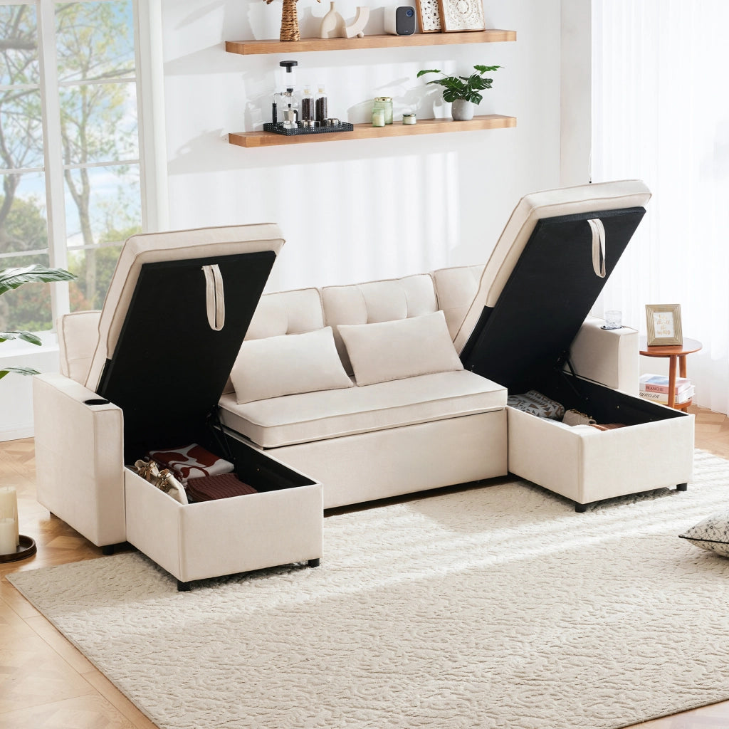 OKWISH Divano Letto Rivestito in Cotone e Lino, Divano a U con Contenitori, Portabicchieri, Tasche Laterali e Cuscini, Beige