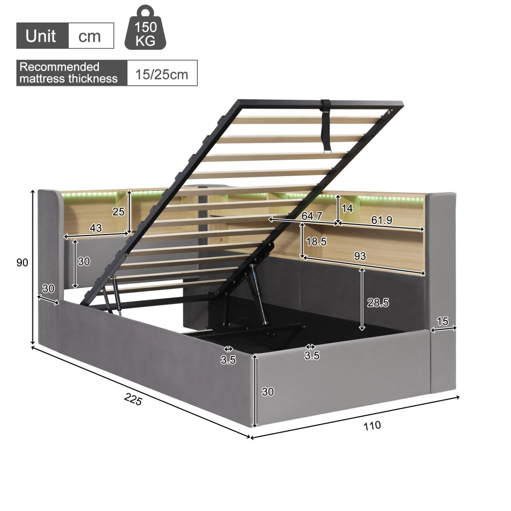 Letto a Divanetto Contenitore 90x200 cm; USB; Type-C; LED; in Velluto Grigio