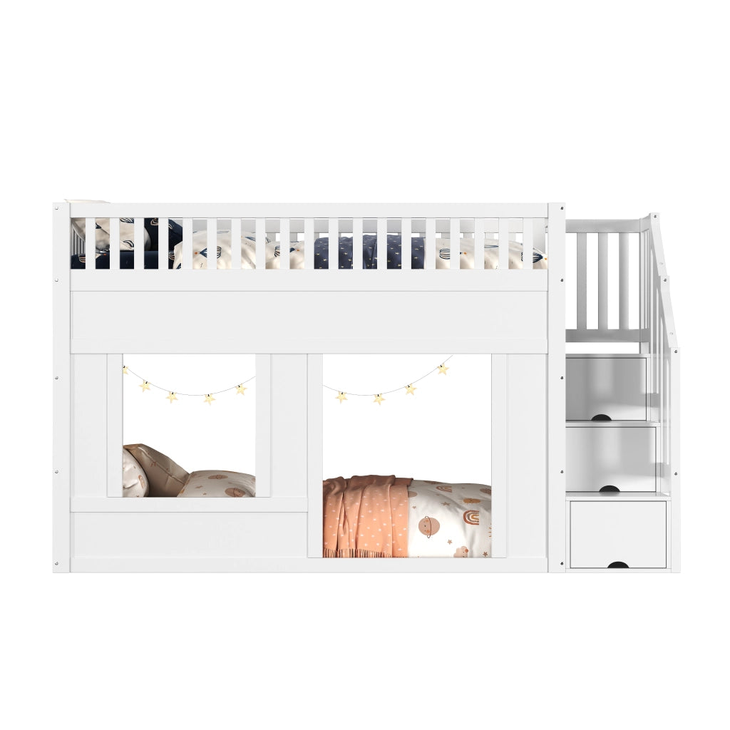 Letto a castello per bambini con scala armadio e area gioco, 90x200 cm, bianco