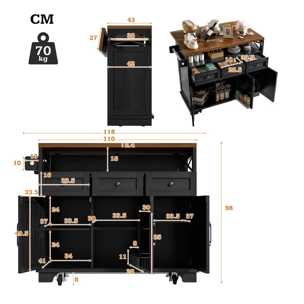 OKWISH Isola da Cucina con 3 Cassetti, Piano Pieghevole e Ruote, Portaasciugamani Laterale, Nero, 118 x 43 x 98 cm