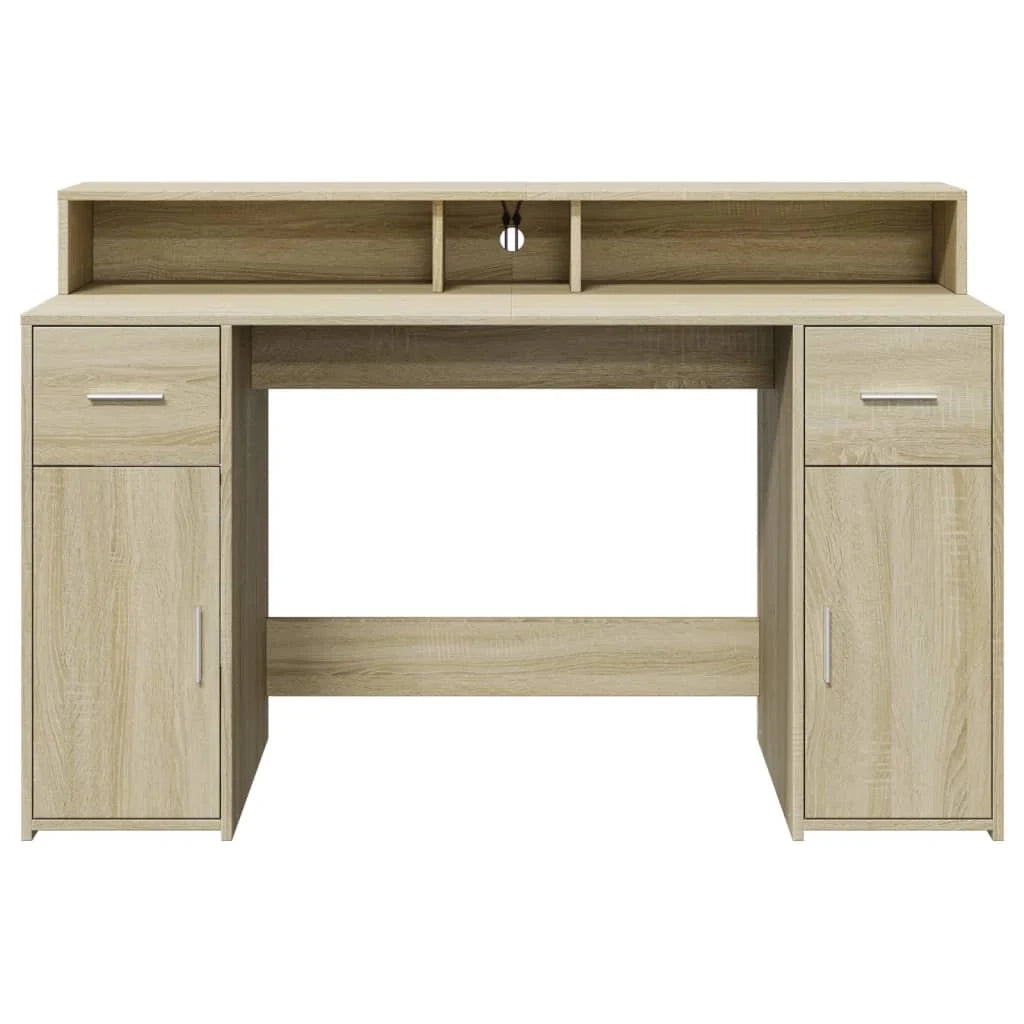 Scrivania da ufficio postazione di lavoro mobile per computer scrivania da studio con luci a LED legno ingegnerizzato rovere Sonoma marrone 02_0023426