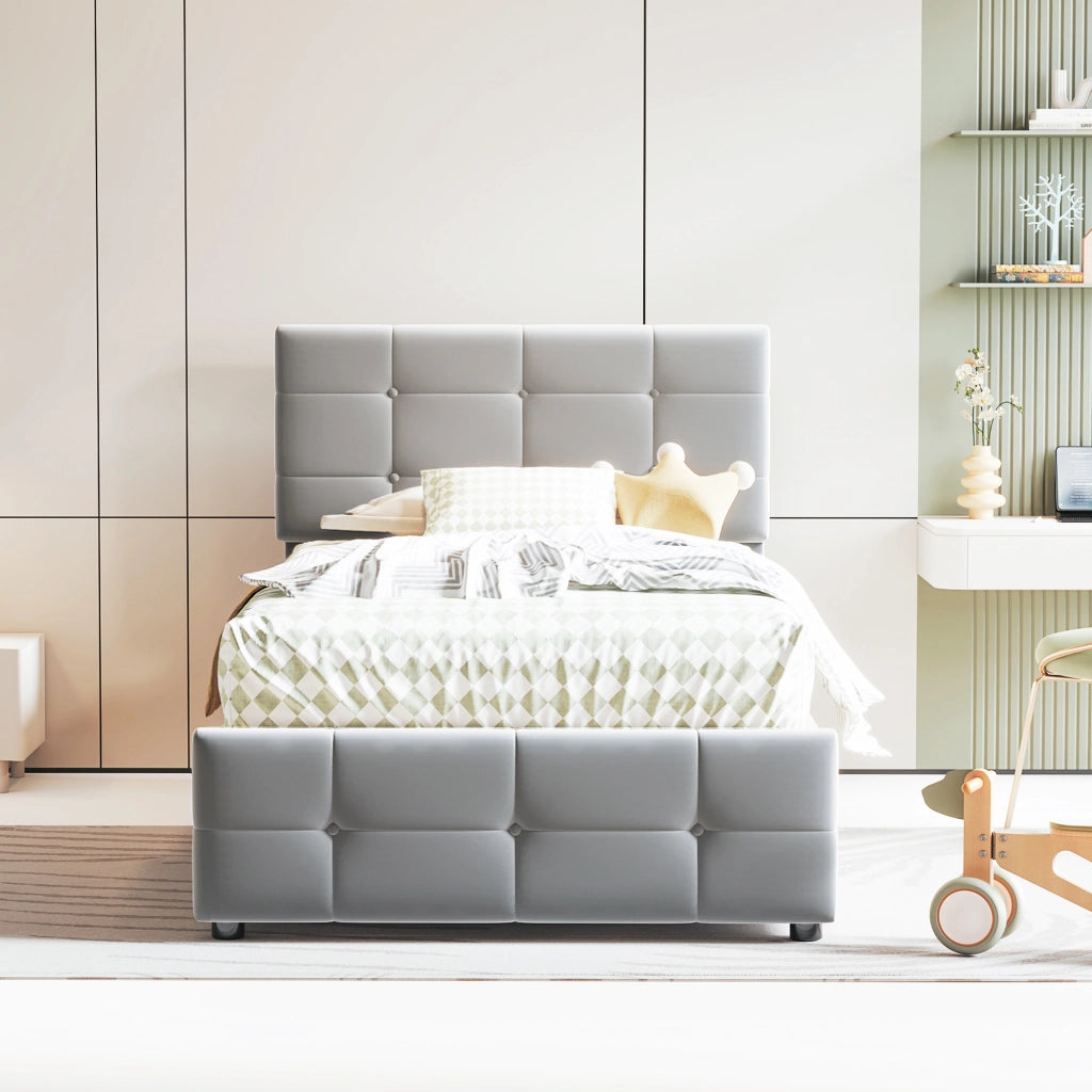 Letto singolo 90×200 cm con contenitore e testiera regolabile; senza materasso; tessuto; grigio