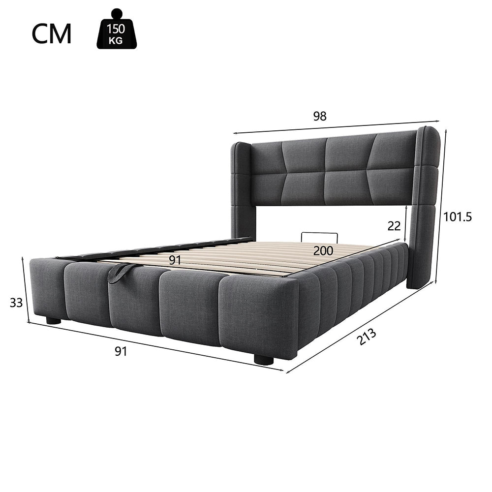 Letto imbottito per bambini - Xylo - 90x200 cm - Grigio - Testiera e sistema di stoccaggio pneumatico