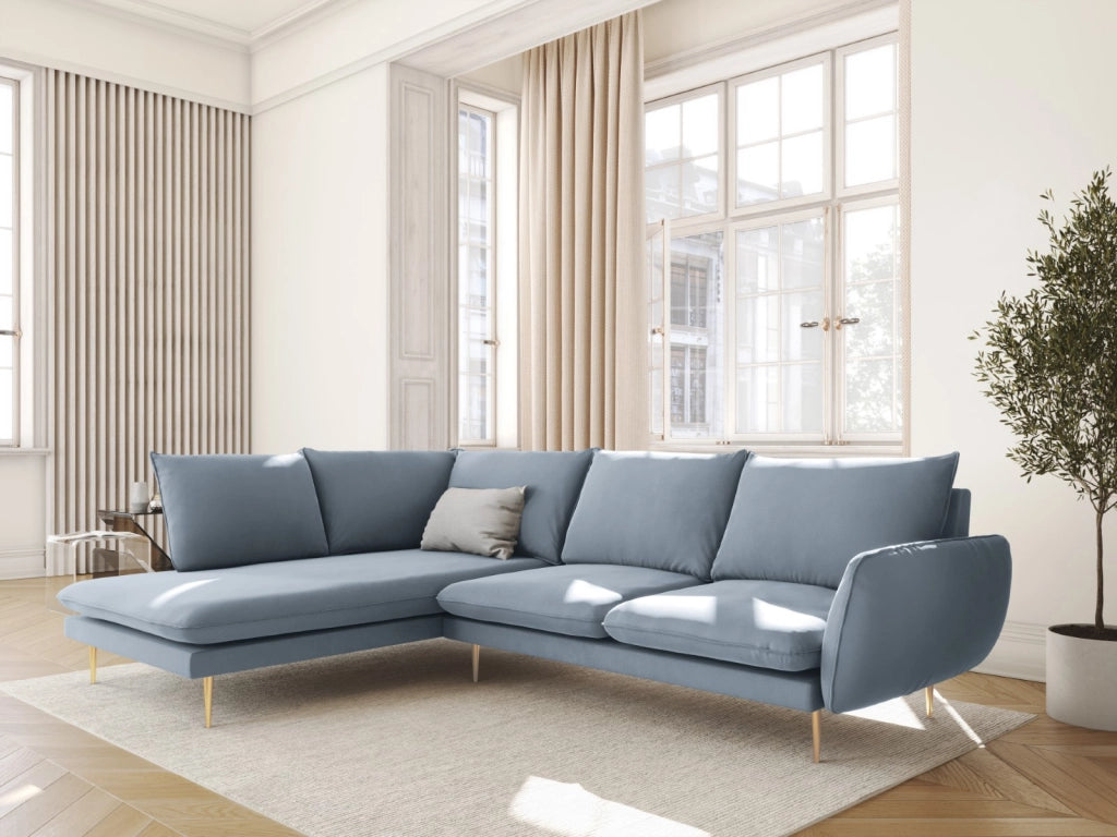 Cosmopolitan Design - Divano angolare sinistro "Vienna" 6 posti in velluto azzurro 
