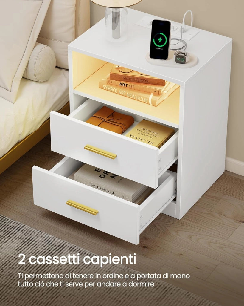 VASAGLE CUSTOS Collezione - Set di 2 Comodini con Stazione di Ricarica, Luce LED, Tavolini Moderni con Cassetti, Ripiano Aperto, 2 Prese AC e Porte USB, Bianco Nuvola LET829WB01