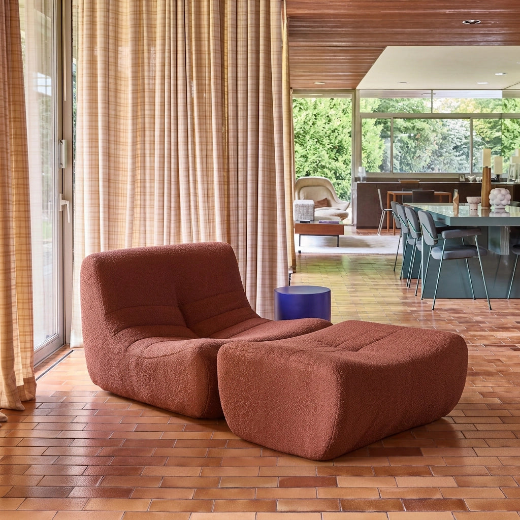 Poltrona bouclé testurizzata con poggiapiedi, 1 posto, terracotta