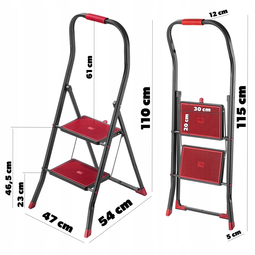 Scala domestica KADAX a 2 gradini pieghevole in acciaio, portata massima 150 kg.