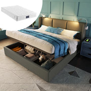 Letto matrimoniale imbottito 160x200 cm con contenitore; luce da lettura e presa USB; grigio
