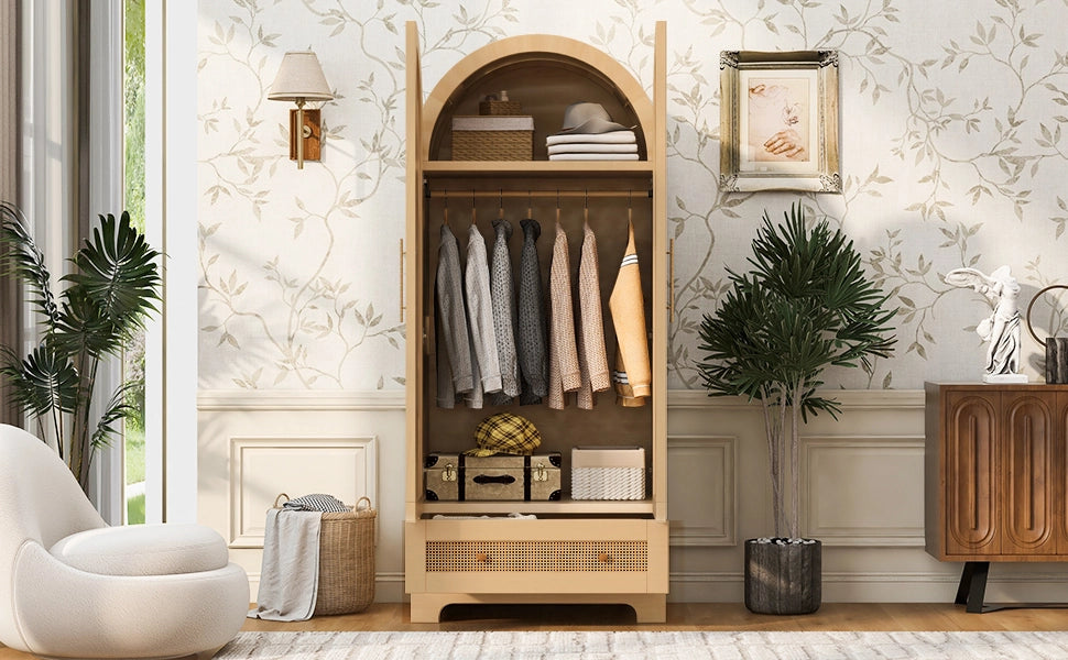Armadio con 2 ante e 2 cassetti, porte effetto rattan, per camera da letto, in legno, colore legno 70 × 55 × 170 cm