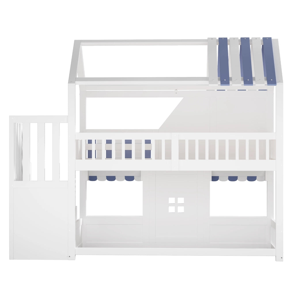 Letto a castello per bambini 90x200 cm a forma di casetta; con LED; ripiani; bianco e blu