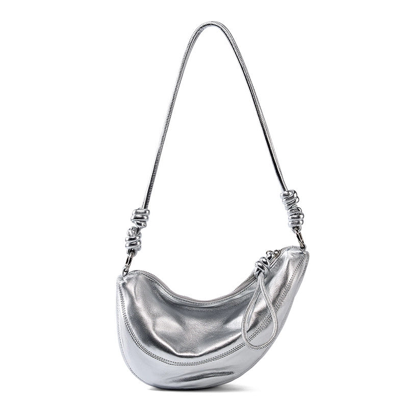 Borsa a tracolla da donna in vera pelle, graziosa borsa firmata color argento