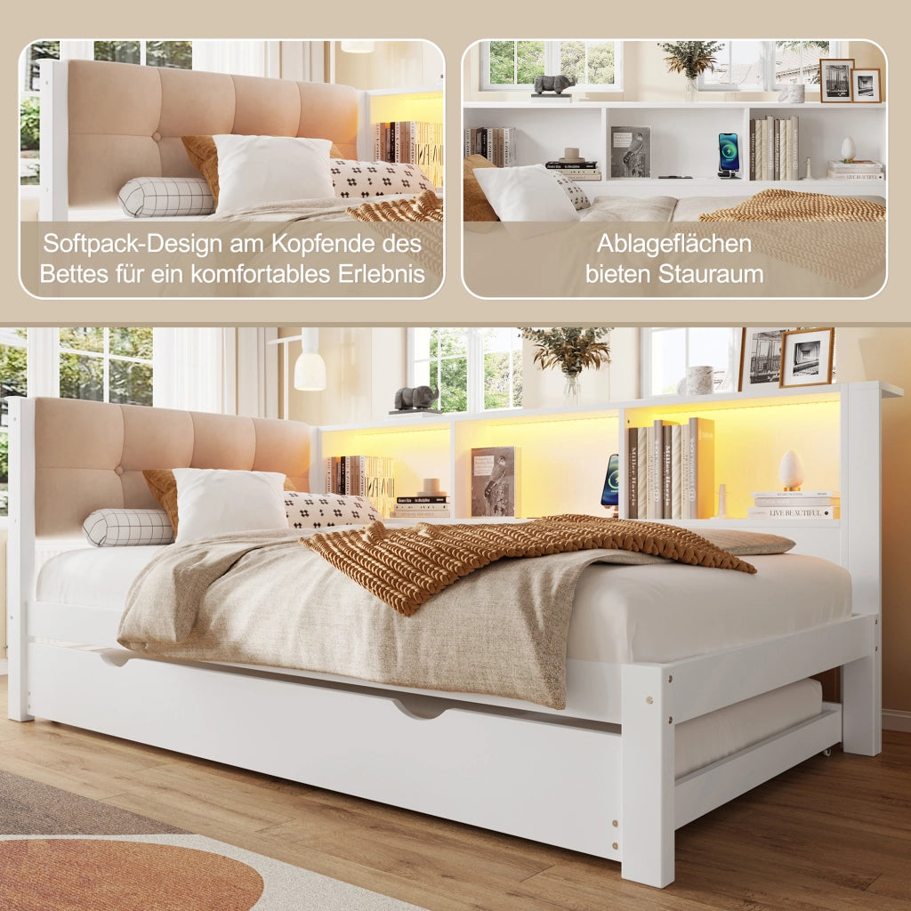 OKWISH Letto a Scomparsa 90×200 cm, Letto Singolo con Letto Estraibile, LED Regolabile, Ripiani e USB, senza Materasso, Legno, Bianco