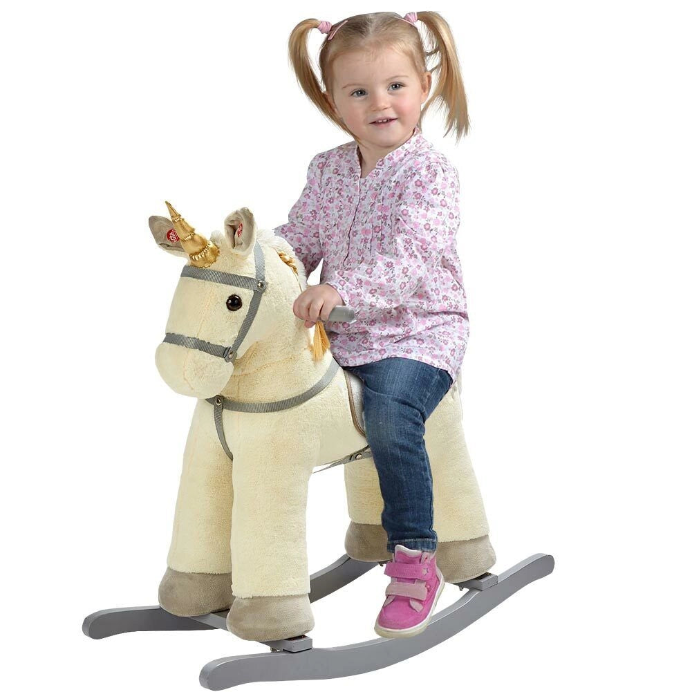 Cavallo a Dondolo Unicorno Beige in Peluche con Suoni Realistici Base in legno 3+