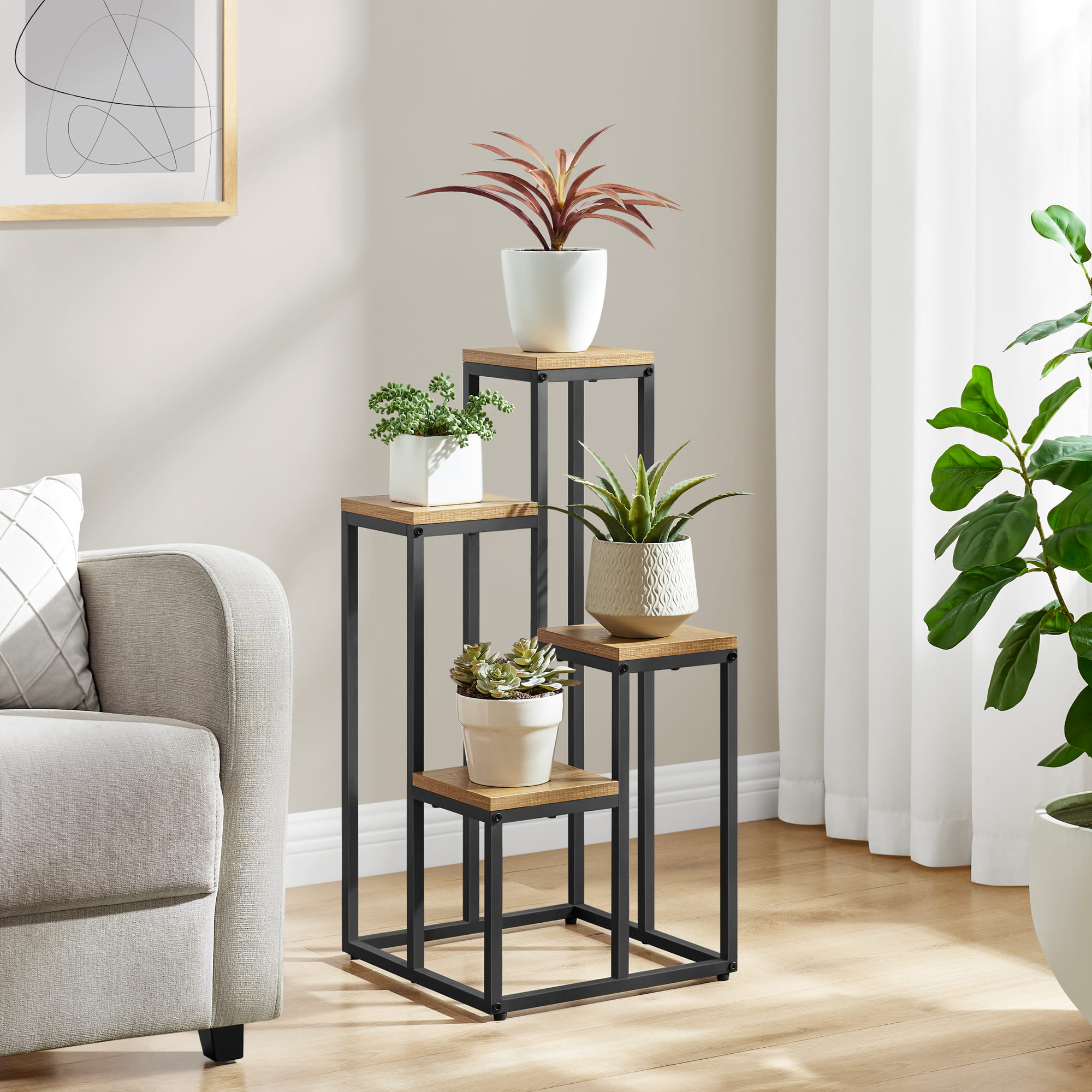 Portafiori Valora a 4 ripiani in rovere nero, stile industriale per soggiorno