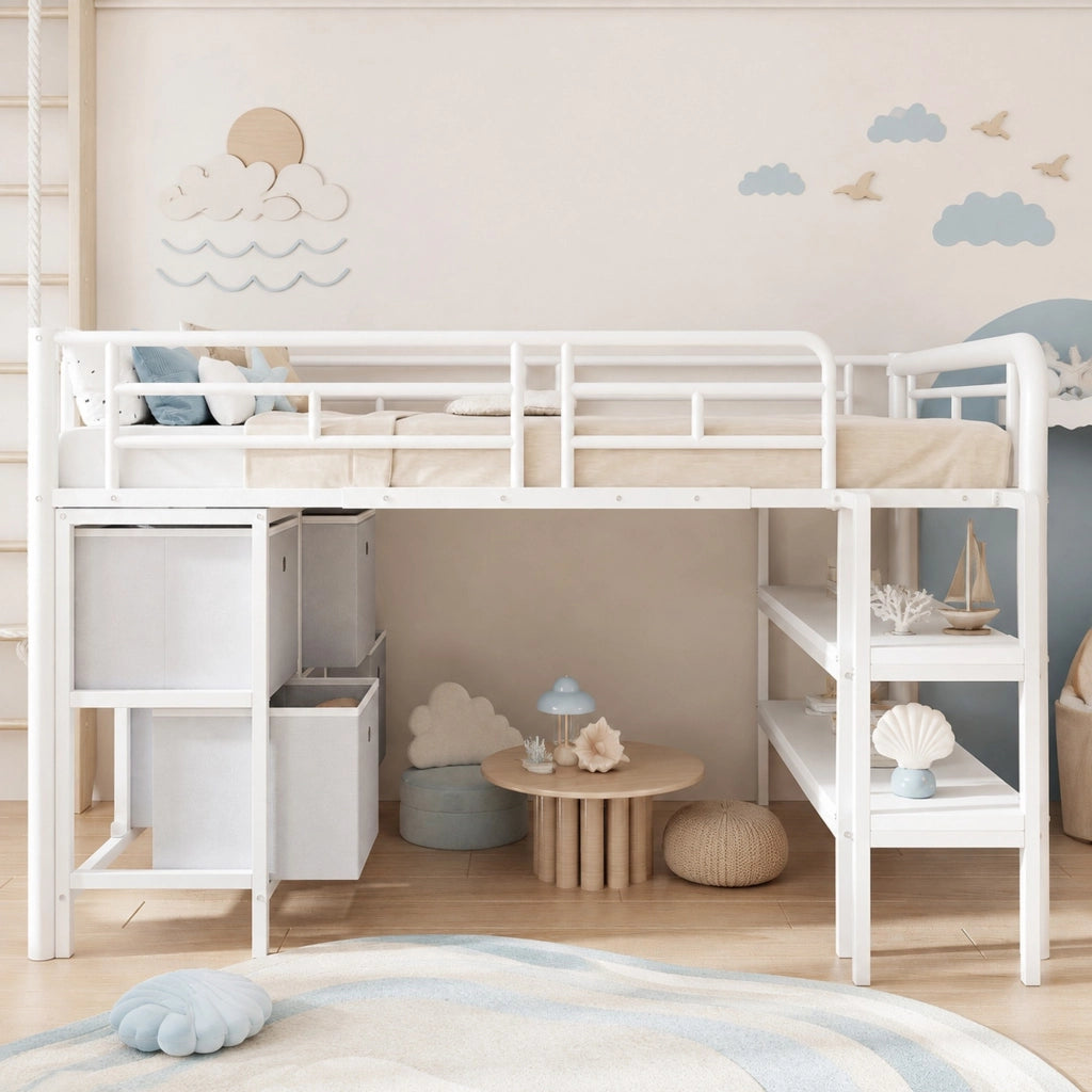 Letto a soppalco basso per bambini 90x200 cm in metallo e MDF, con scala larga, cassetti e ripiani, colore bianco
