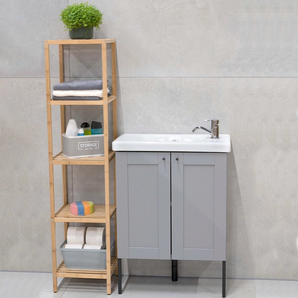 Scaffale a Colonna da Bagno 5 Ripiani Legno Bambù Armadio Organizer 32x33x141cm