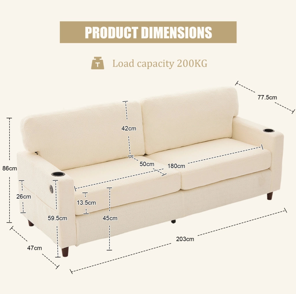Divano a 2 posti 203x77.5x86 cm con USB-C; LED e portabevande in chenille beige