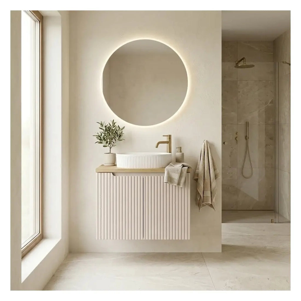 Set VANO cachemire e quercia 60cm: mobile sottolavabo con armadietti + top per lavabo + lavabo da appoggio bianco scanalato