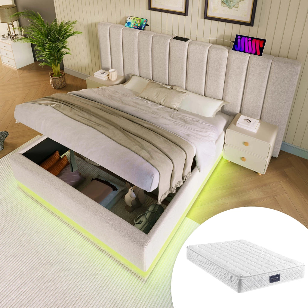 LETTO Contenitore 160x200 cm in Lino Beige con LED e ricarica USB