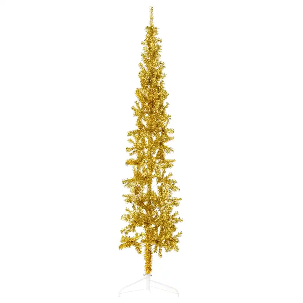 Albero Natale Artificiale Sottile a MetÃ  con Supporto Oro 210cm