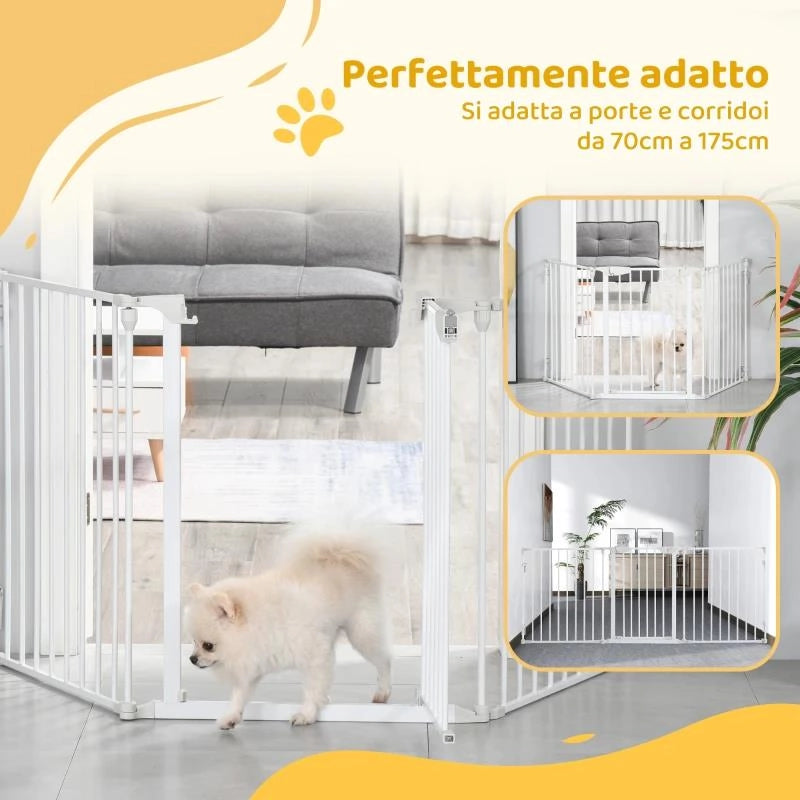 CANCELLETTO PER CANI CON CHIUSURA AUTOMATICA E SISTEMA DI BLOCCO, IN METALLO E PLASTICA, 180X74.5 CM, BIANCO