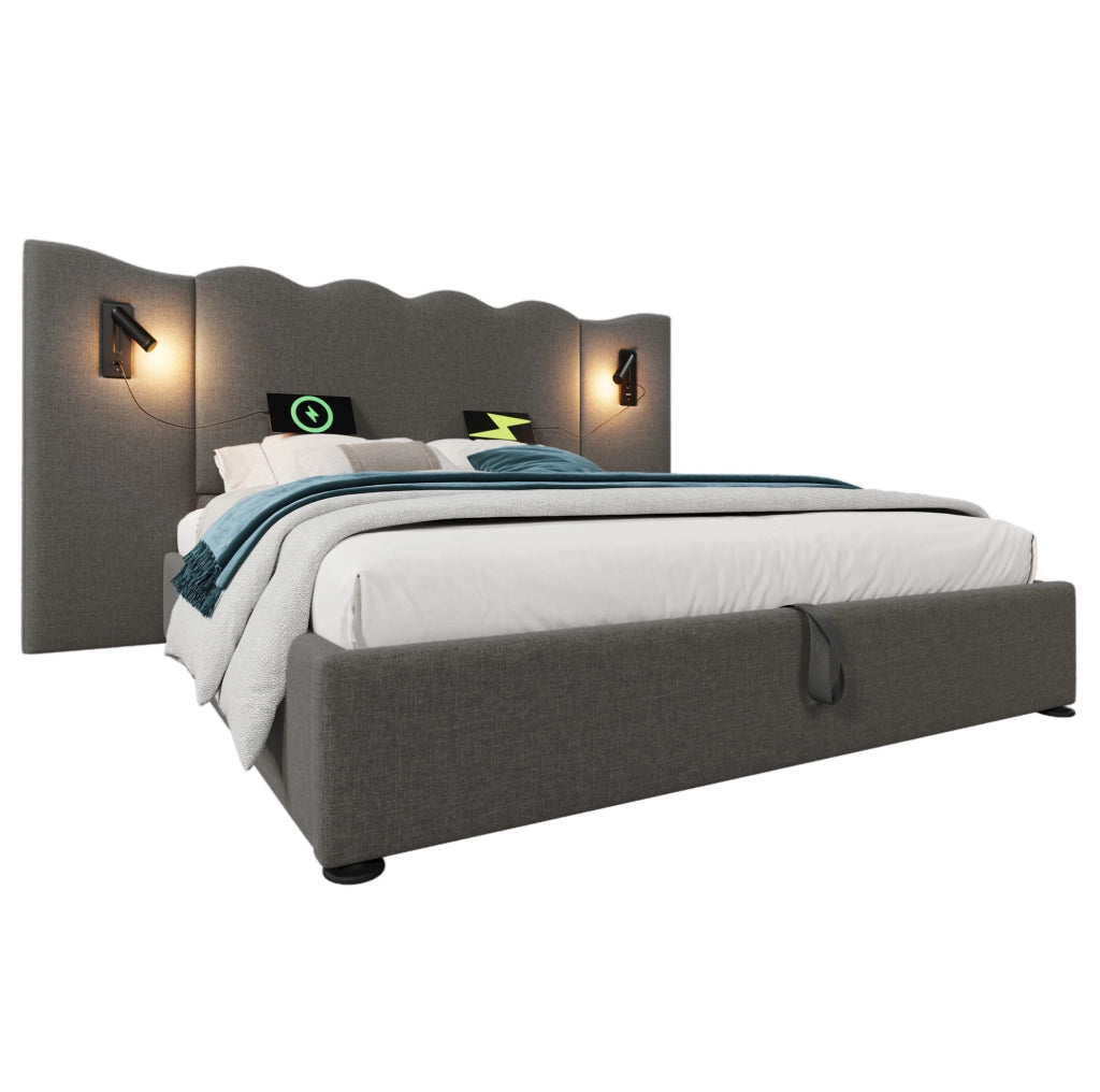 Letto matrimoniale imbottito 180x200 cm in lino grigio con testiera ondulata; luce lettura e USB