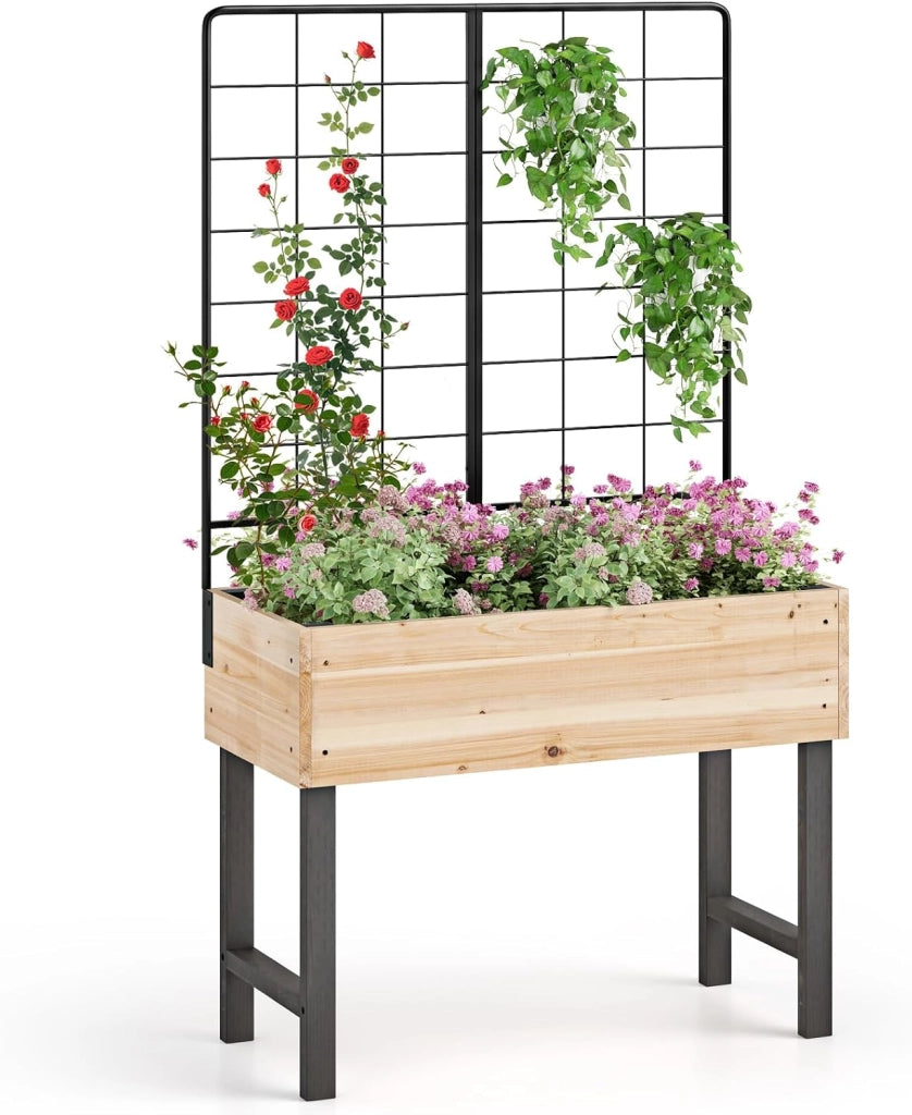 Letto da Giardino Rialzato con Traliccio in Metallo e Drenaggio, Fioriera in Legno Sopraelevata per Piante Rampicanti, Fioriera da Interno ed Esterno per Patio, Balcone e Cortile