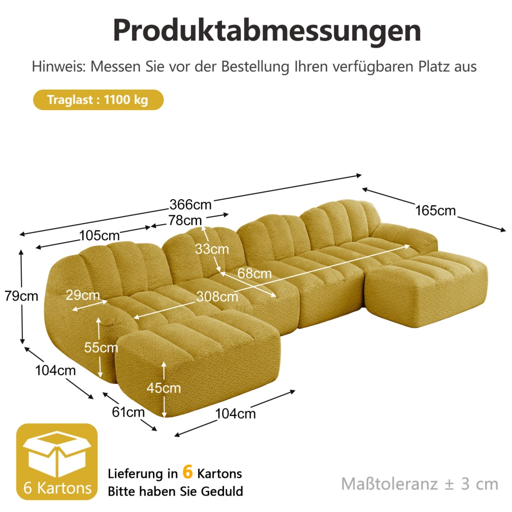 Divano modulare 4 posti con 2 pouf; configurazione a U o L; in fleece granulato giallo