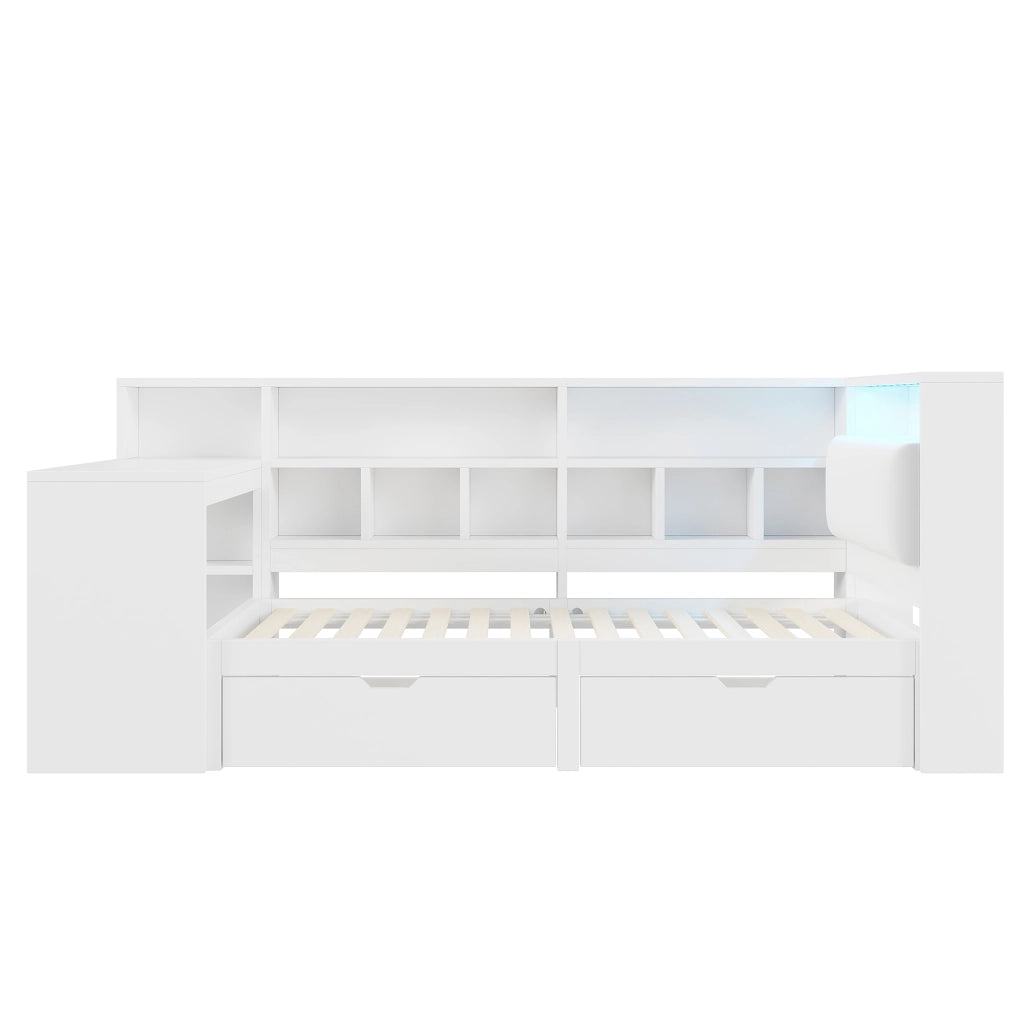 Letto a soppalco 90 × 200 cm con scrivania, libreria, cassetti, LED e USB, senza materasso, bianco