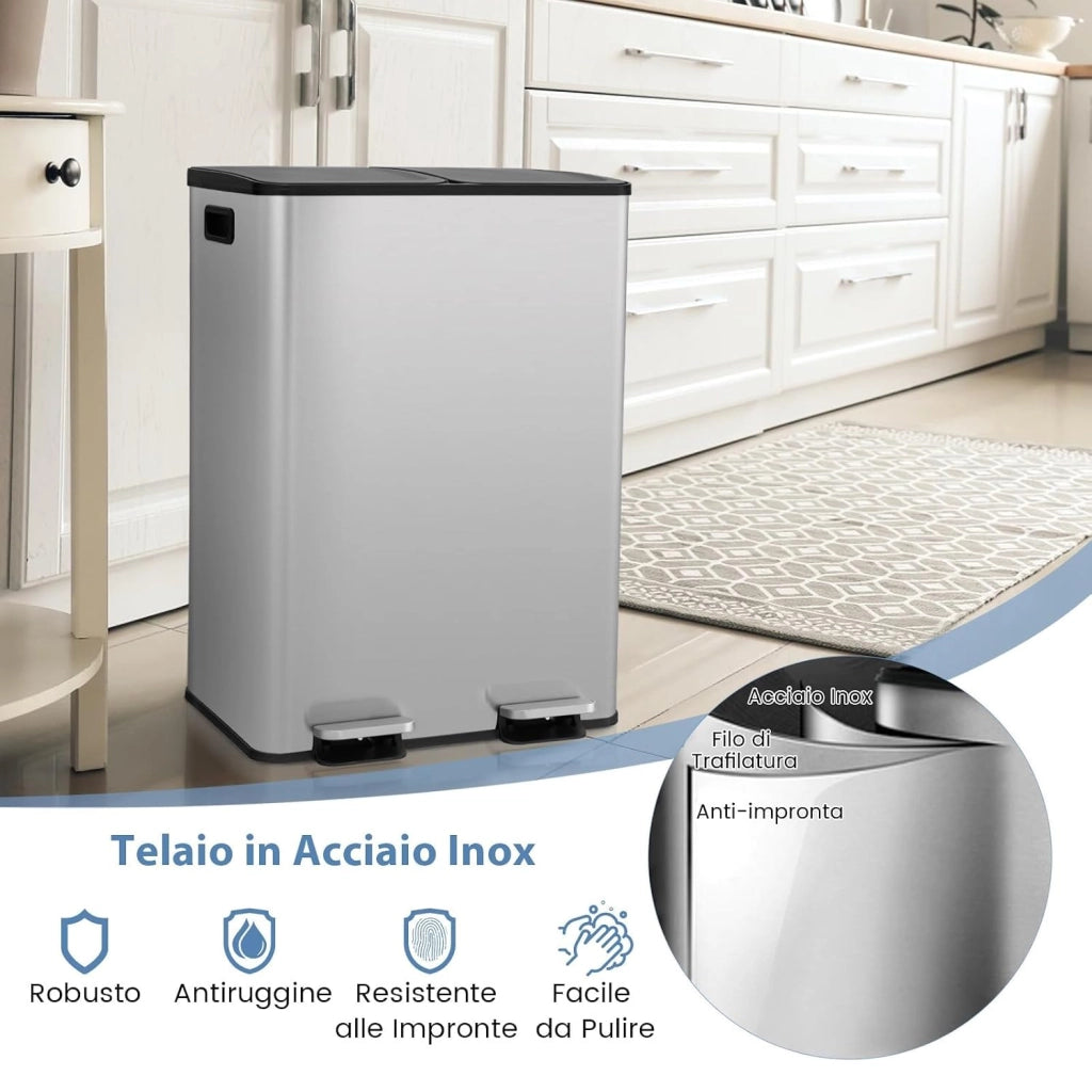 2x30 L Pattumiera Differenziata, Bidoni Differenziata in Acciaio Inox a 2 Scomparti, Anti-Impronte, Secchio Spazzatura con Coperchi a Chiusura Morbida, per Casa Ufficio (Argento)